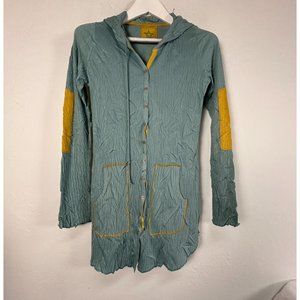 Womens Crinkled Hooded Button-Up Longline Cardigan Sweater Teal Yellow Pockets